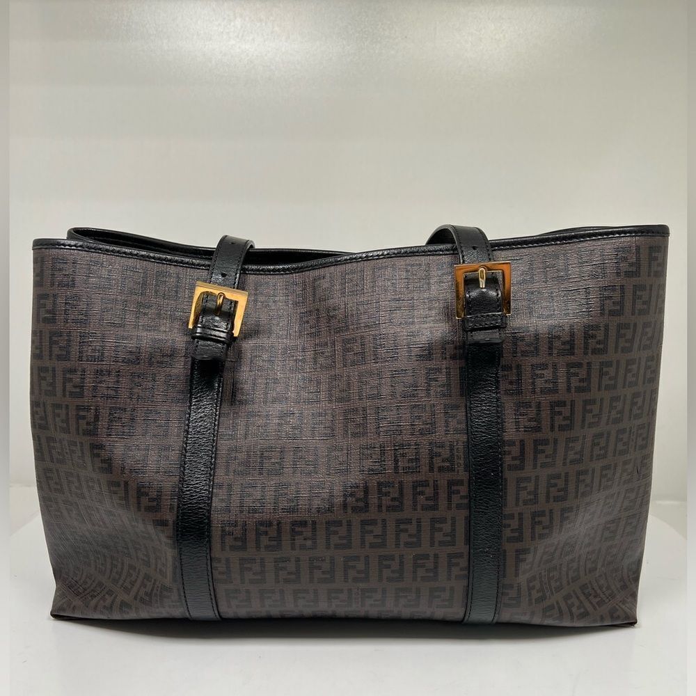 Auth FENDI Zucchino Tote Shoulder Bag Brown Black PVC Leather - Picture 3 of 15
